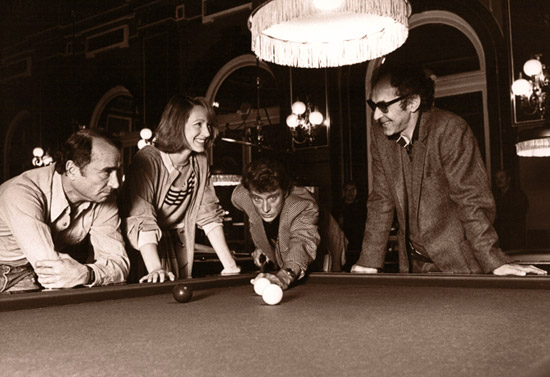 Nathalie Baye, Johnny Hallyday, Claude Brasseur et Jean-Luc Godard sur le tournage du film Dtective ralis par Jean-Luc Godard en 1985