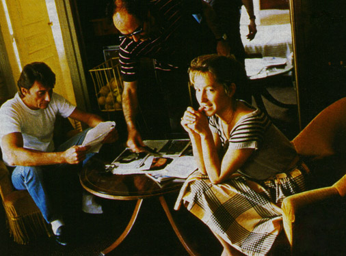 Nathalie Baye, Johnny Hallyday et Jean-Luc Godard sur le tournage du film Dtective ralis par Jean-Luc Godard en 1985
