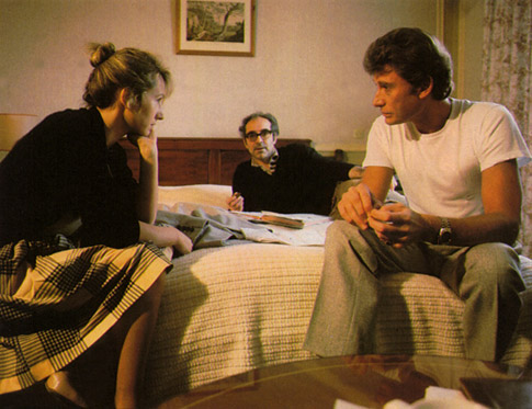 Nathalie Baye, Johnny Hallyday et Jean-Luc Godard sur le tournage du film Dtective ralis par Jean-Luc Godard en 1985