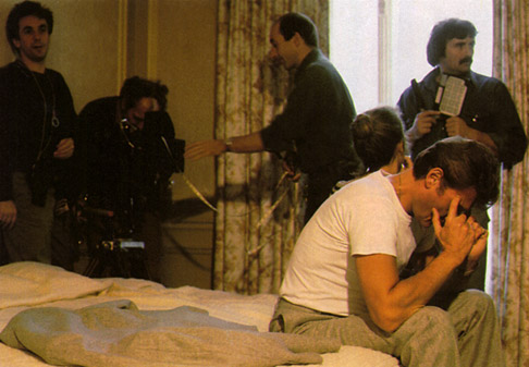 Nathalie Baye, Johnny Hallyday et Jean-Luc Godard sur le tournage du film Dtective ralis par Jean-Luc Godard en 1985